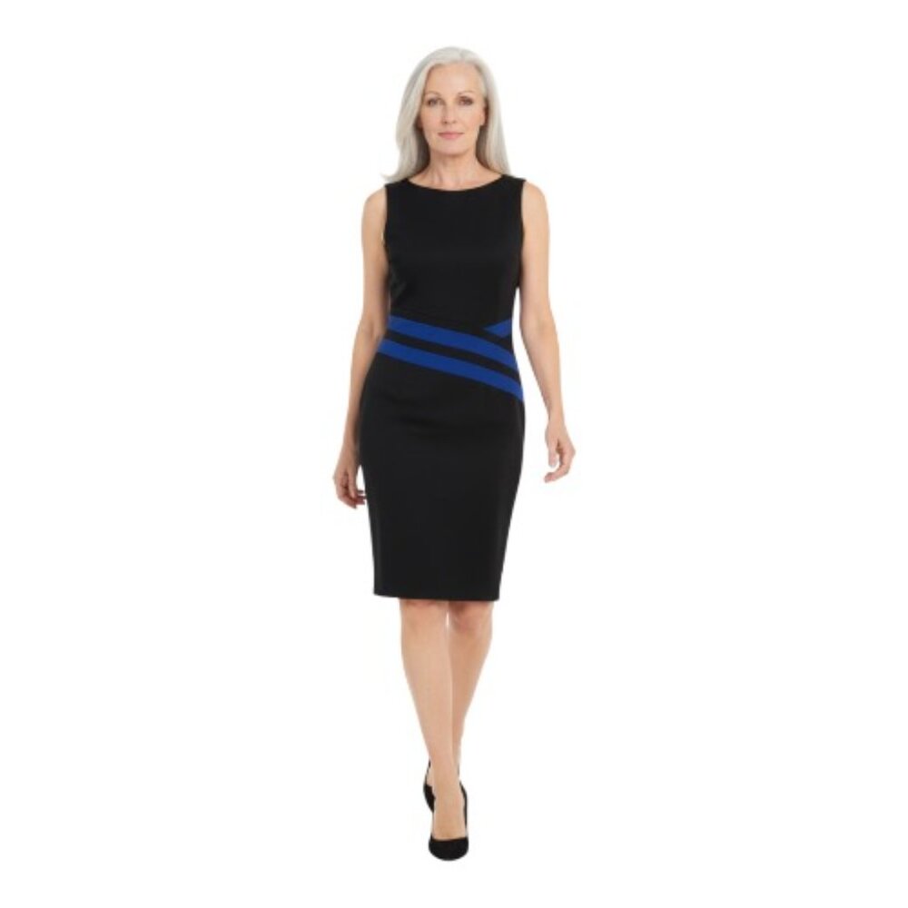 David Meister Size 6 Black Blue Color Block Sleeveless Career Sheath Dress